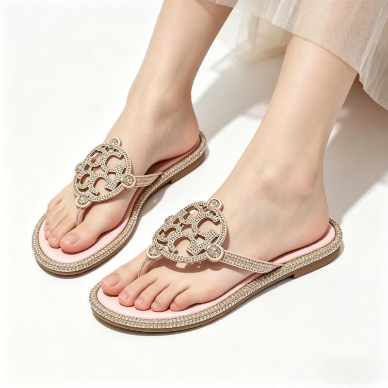 2026 New Blush Pink Rhinestone Flat Thong Sandals, Sparkly Crystal Trim & Ornate Cutout for Casual & Evening Wear