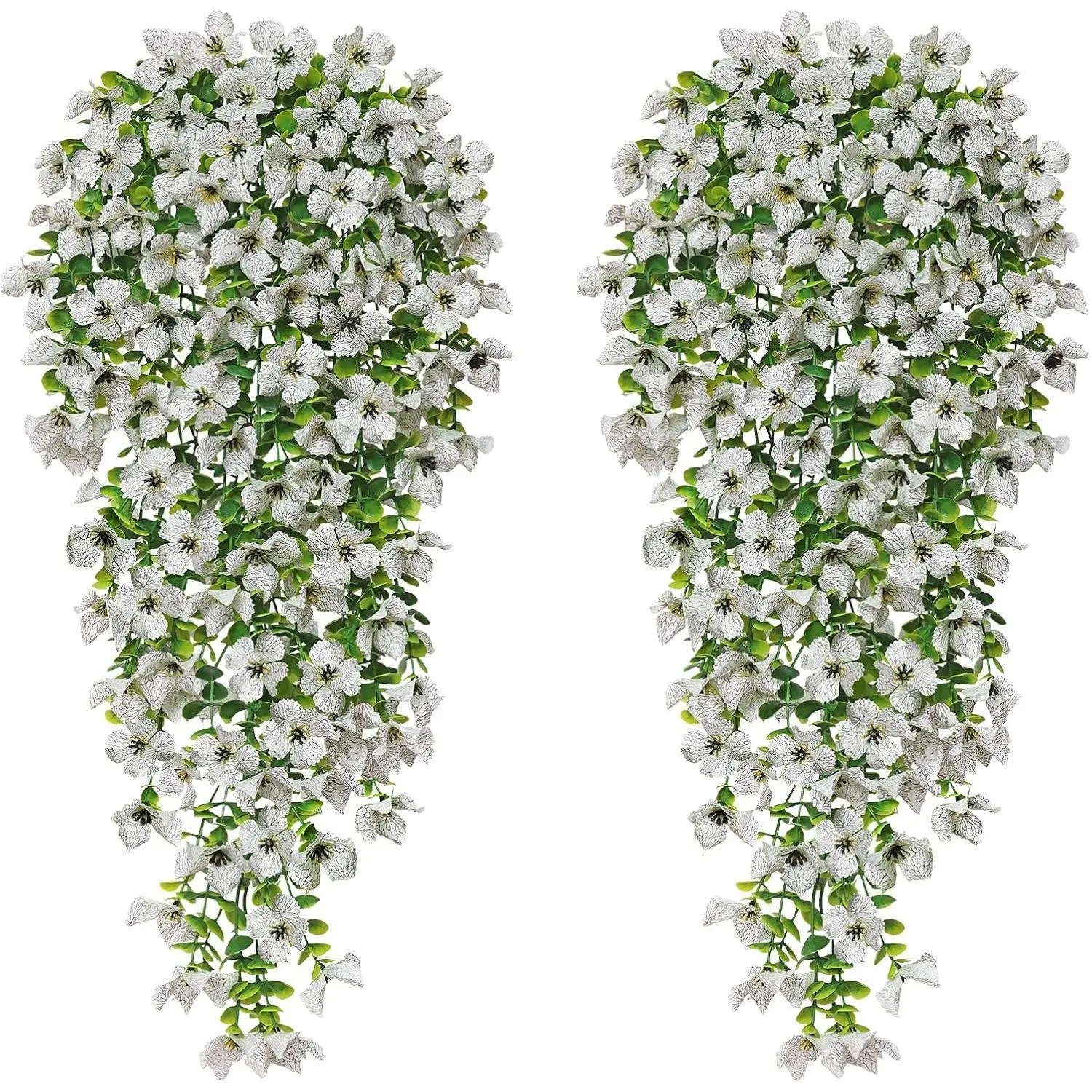 Artificial Hanging Flowers for Outdoors Summer Decor 2PCS Fake Hanging Plants UV Resistant Faux Silk Violet Flowers White Greenery Trailing Vines for Indoor Outside Garden Porch Decor