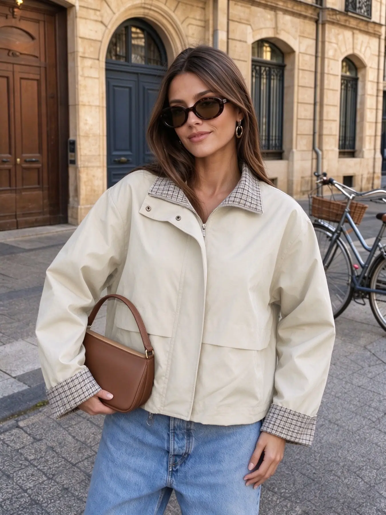 Women's Short Coat, Plaid Contrast Collar and Sleeve, Zipper Stand Collar Loose Fit Casual Windbreaker, Fall French Style Outerwear Jackets
