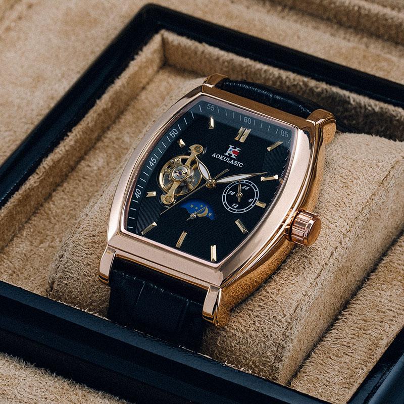 Luxury Automatic Mechanical Watch for Men, Analog Dial, Leather Strap, Moon Phase Display, Minimalist Barrel Design, No Battery Needed