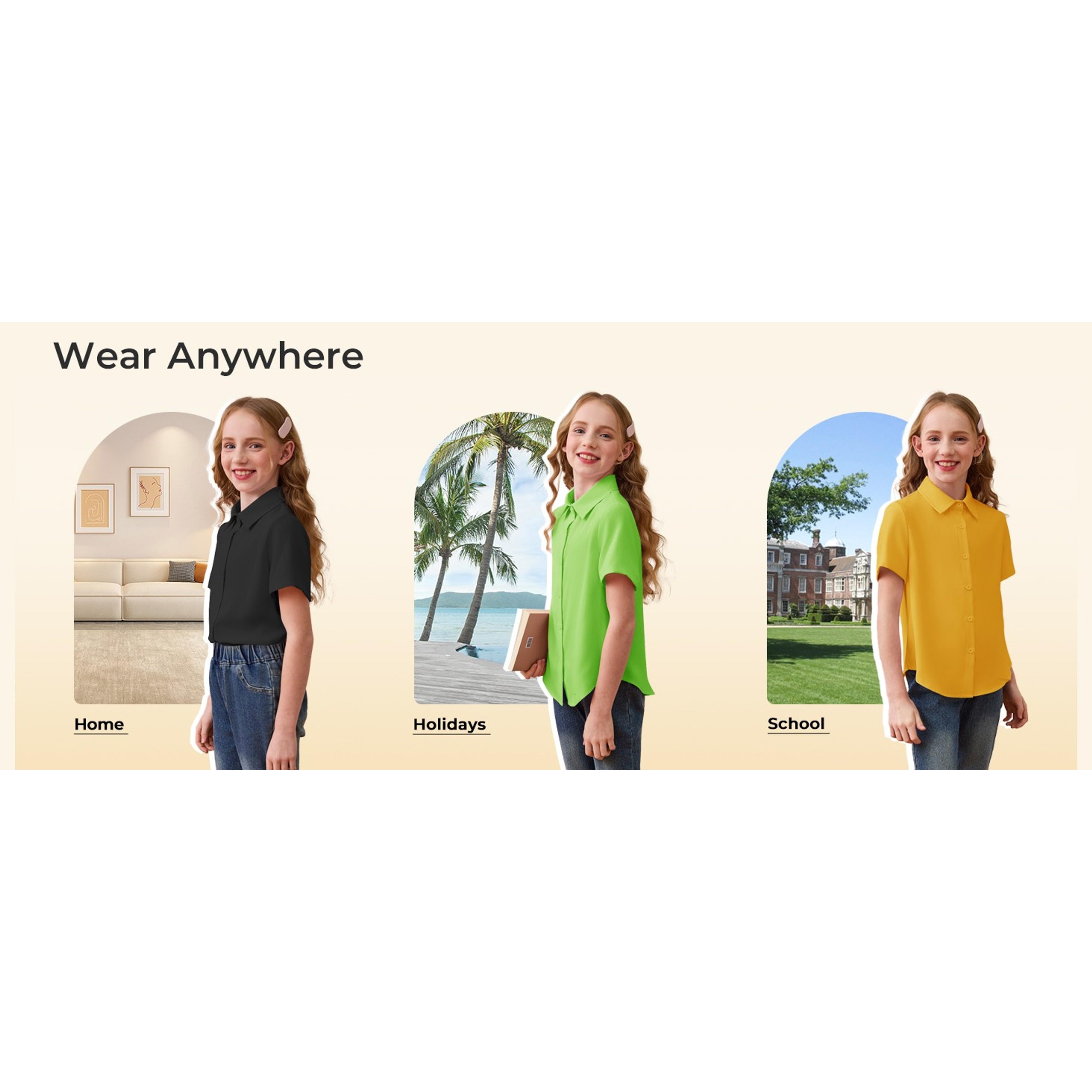 Girls Button Down Short Sleeve Dress Shirts for 5-14 Years(Gift)