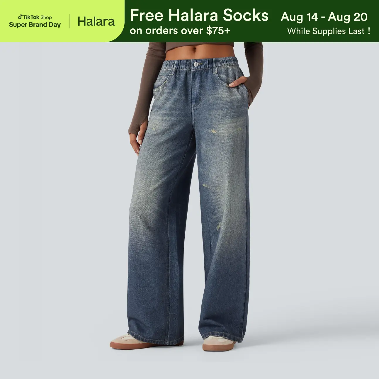 Halara Mid Rise Denim Print French Terry Casual Sweatpants Jeans with Pockets Halara Mid Rise Denim Print French Terry Casual Sweatpants Jeans with Pockets
