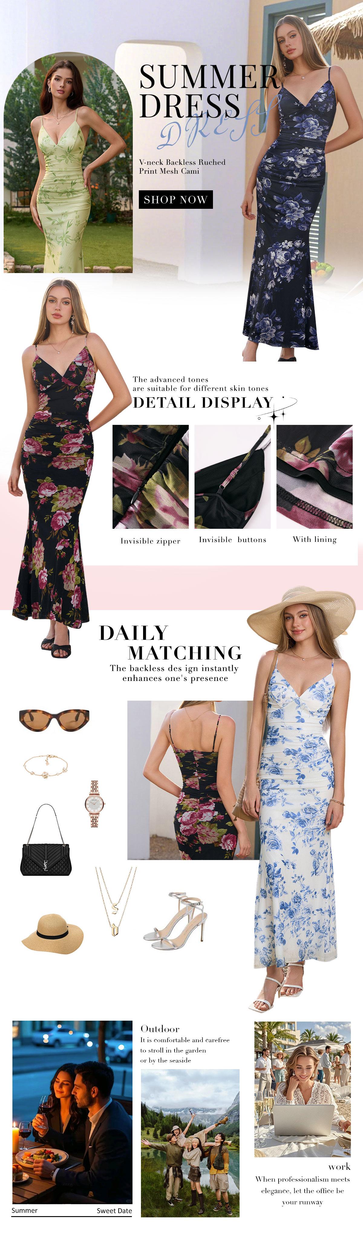 V-neck Backless Ruched Print Mesh Cami Dress,Elegant Women's Summer Party Holiday Dress