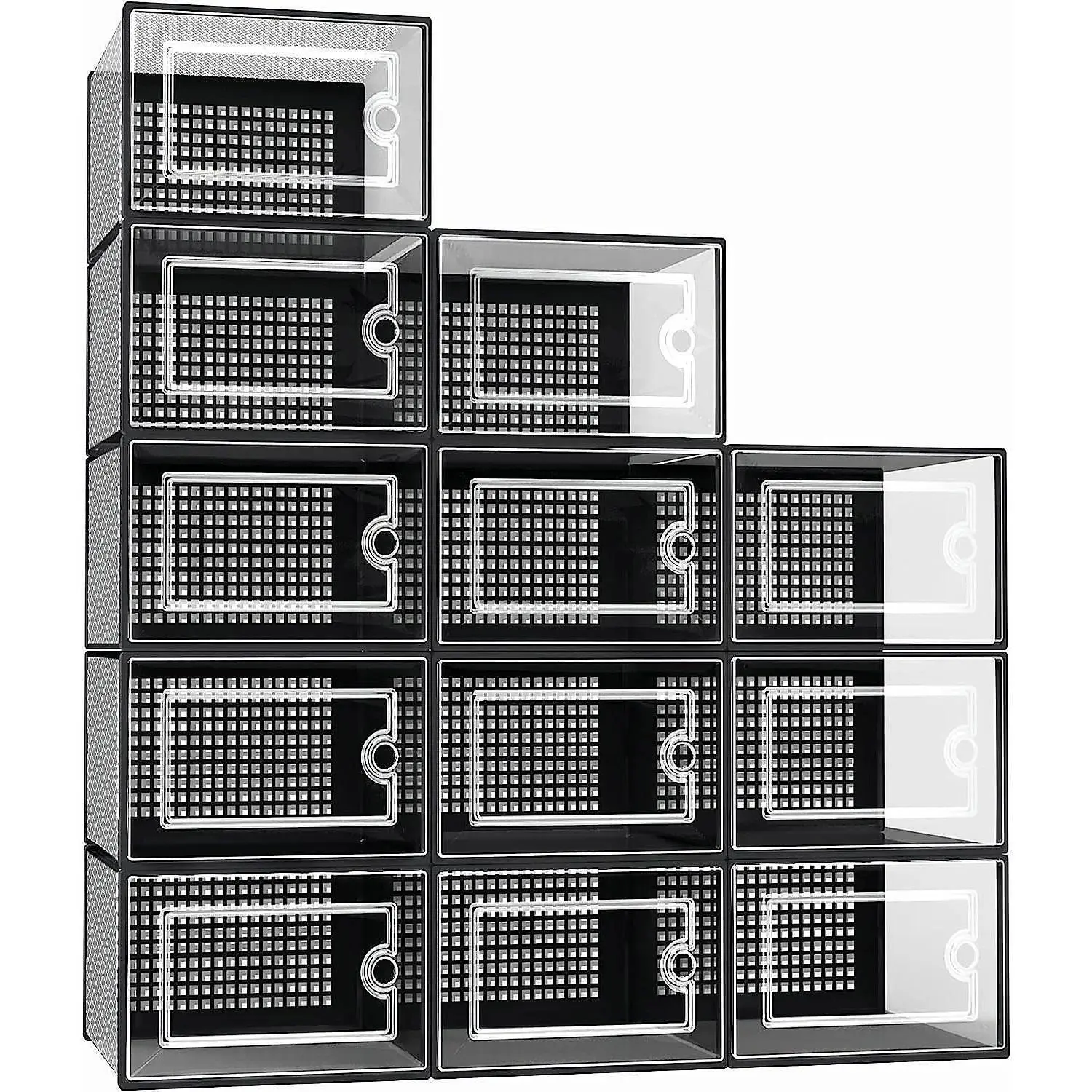 X-Large Shoe Storage Boxes Organizers Clear Plastic Stackable 12 Pack, Shoe Rack & Holder Substitute, Sneaker Containers, Toy Storage Organizer Bins for Entryway, Closet, Under Bed, Black