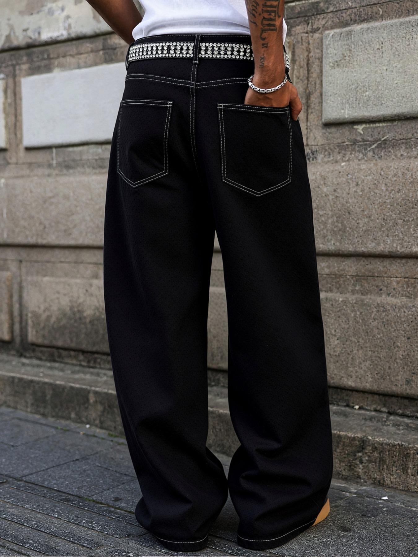 Men's American Vintage Wide Leg Straight Jeans, All-Season Distressed Denim Jeans, Casual Loose-Fitting Streetwear