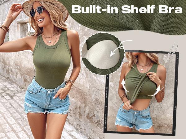 ChicMe Built-in Bra Tank Top Ribbed Racerback Tops Women Going Out Tops Everyday Basic Tanks Padded Tops