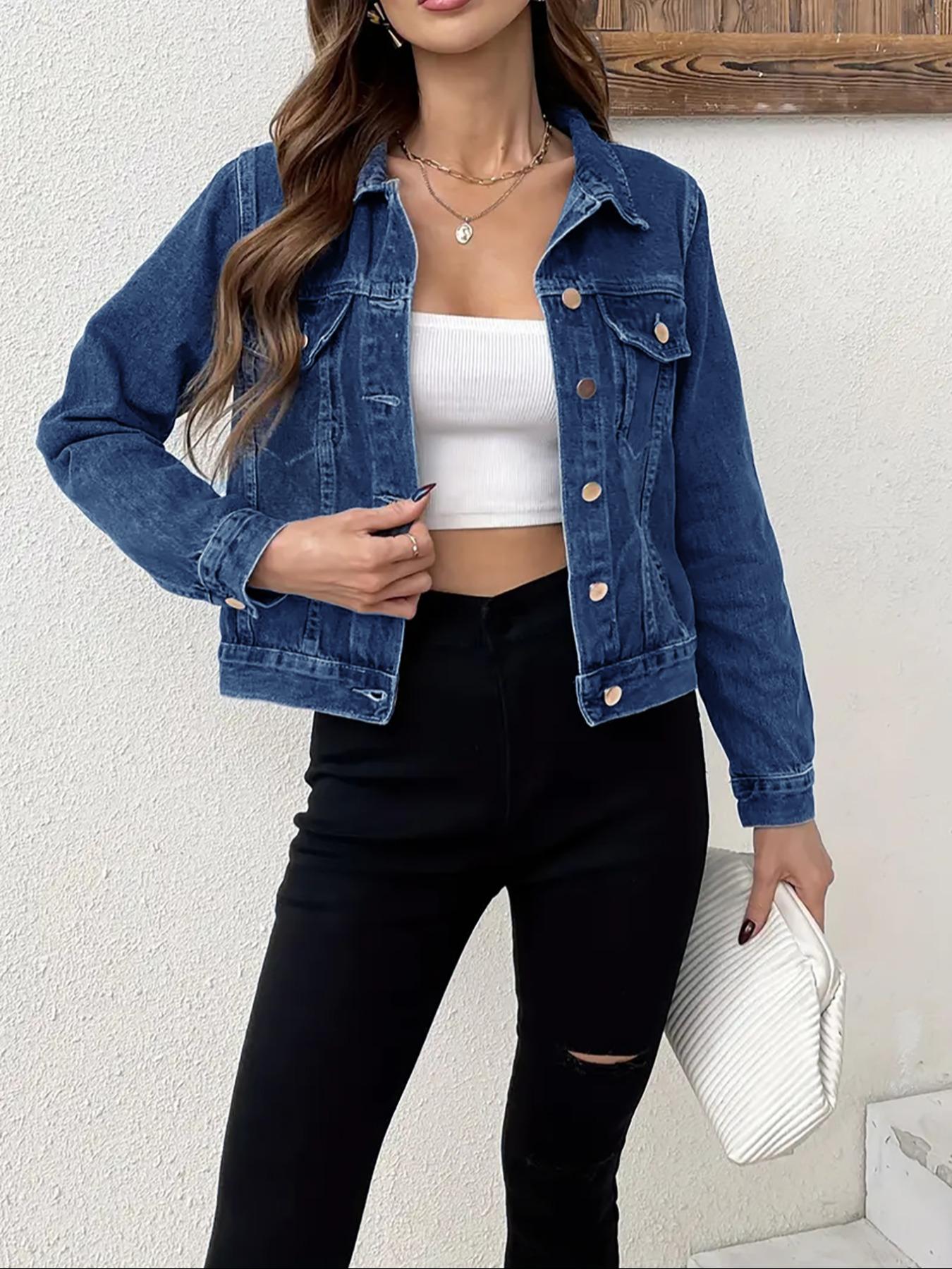 Women's Denim Jacket with Front Button Pockets, Fitted, Casual Street Style, Fall & Winter Outerwear, Pure Color Jean Coat