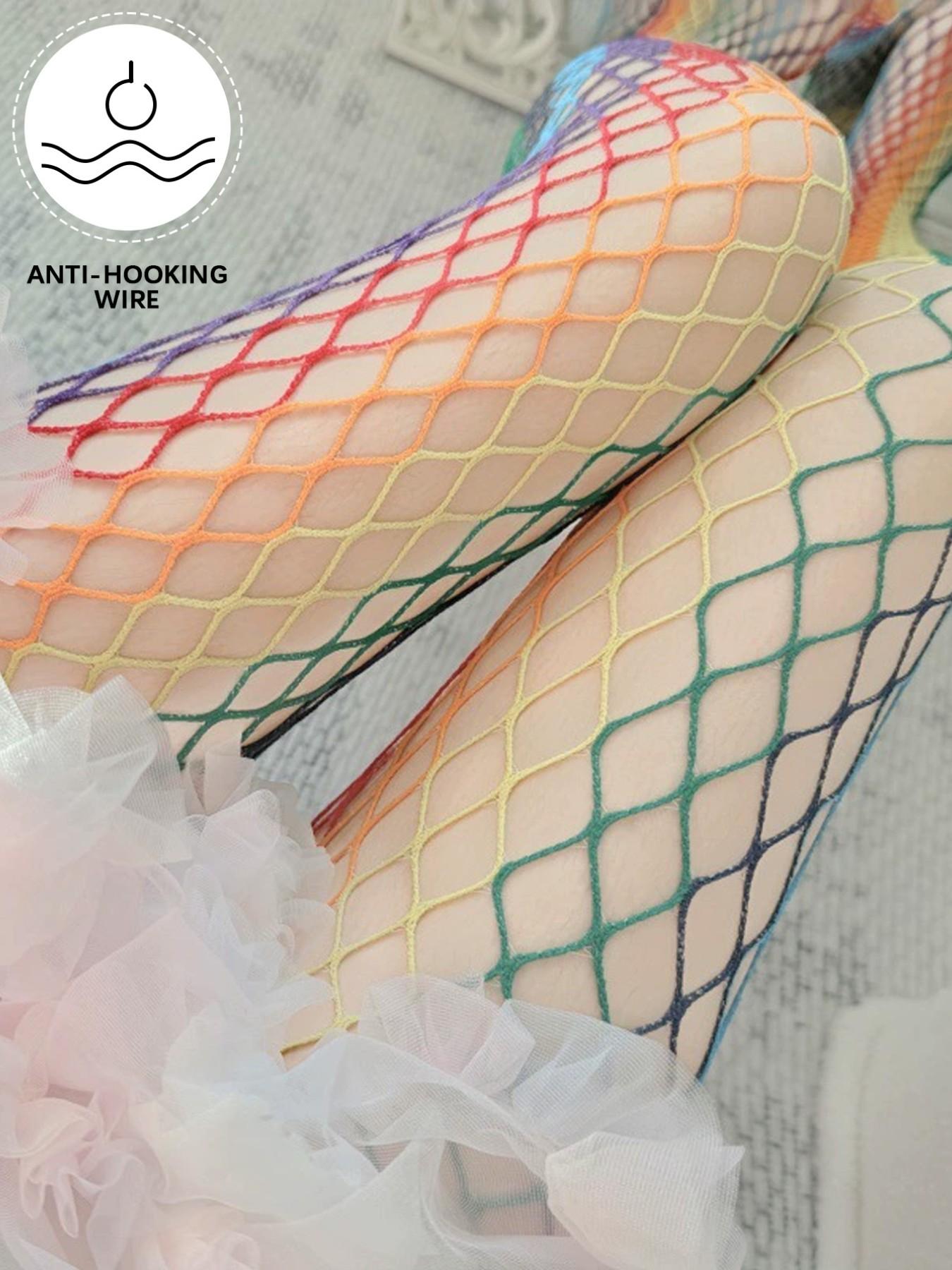 Y2K Boho Mesh Stockings, Rainbow Color Grid Patchwork Fishnet Pantyhose, Fitted Style, Women's Fashion Accessories