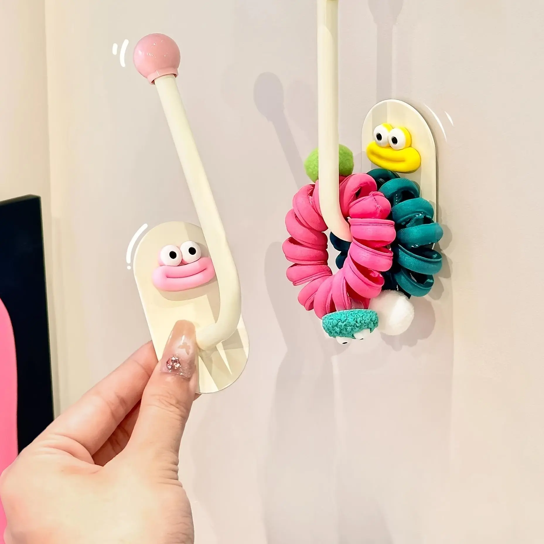 1pc Adjustable Wall-Mounted ABS Plastic Hook with Cute Cartoon Face - No-Drill Adhesive Headband Holder, Minimalist Bedroom Home Organizer for Daily Use, Rust-Resistant Storage for Scrunchies