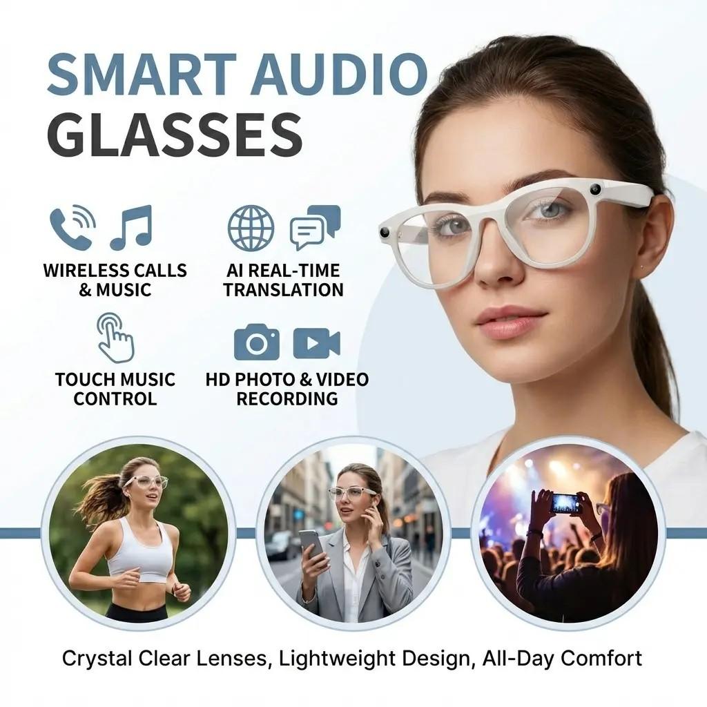Real-Time Translation Smart Glasses, Real-Time Translation and Voice Assistant, Open Ear Design, Lithium Ion Battery, PC Frame