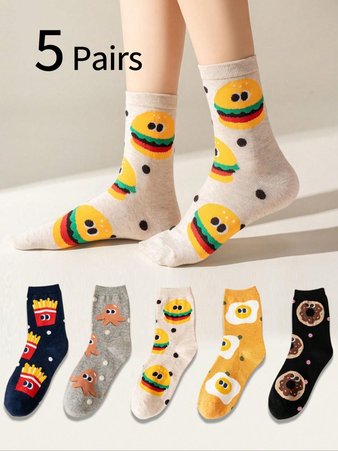 Kids Crew Socks Set, Unisex Cartoon Burger & Fries Pattern, Comfortable Soft Mid-Calf Socks, Casual Daily Wear, All Seasons