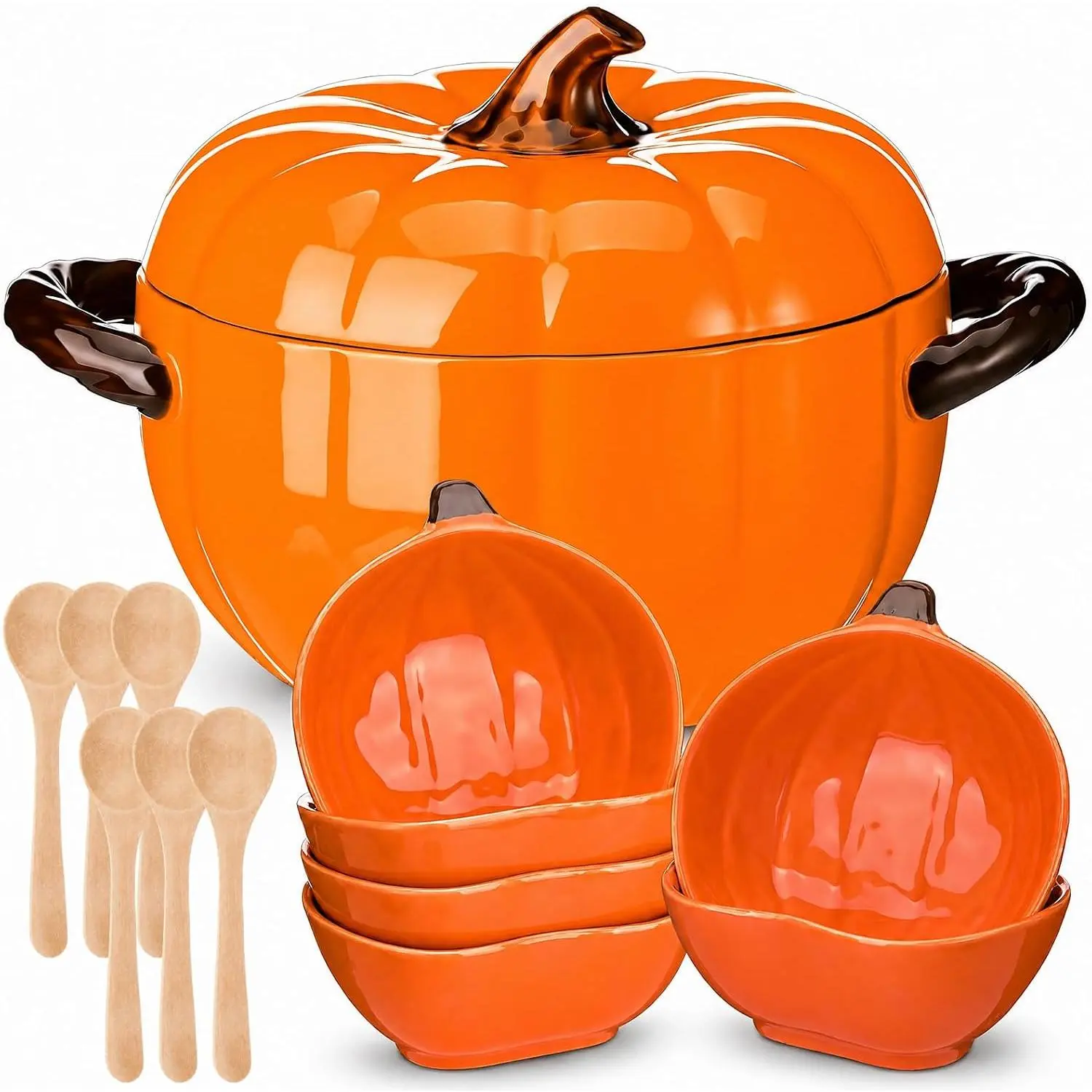54oz Round Rust-Resistant Oven-Safe Pumpkin Ceramic Pot with Lid - 6-Piece Pumpkin Ramekins, Wooden Spoons Fall Kitchenware Set for Soup Serving, Thanksgiving Dinnerware, Dessert Decoration