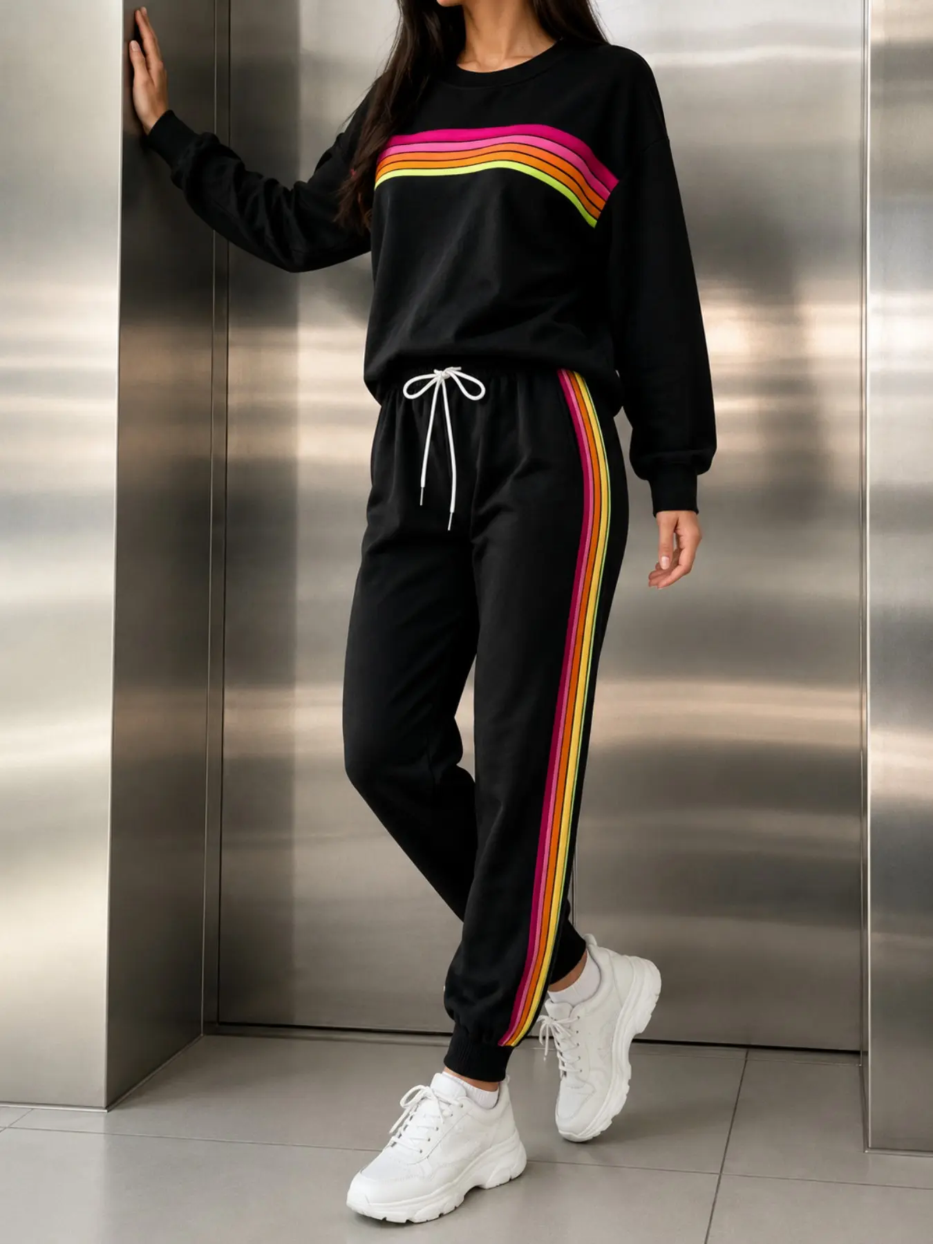Women's Rainbow Stripe Casual Sport Set, Round Neck Loose Long Sleeve Sweatshirt & Side Stripe Pants, Spring Fall Street Style