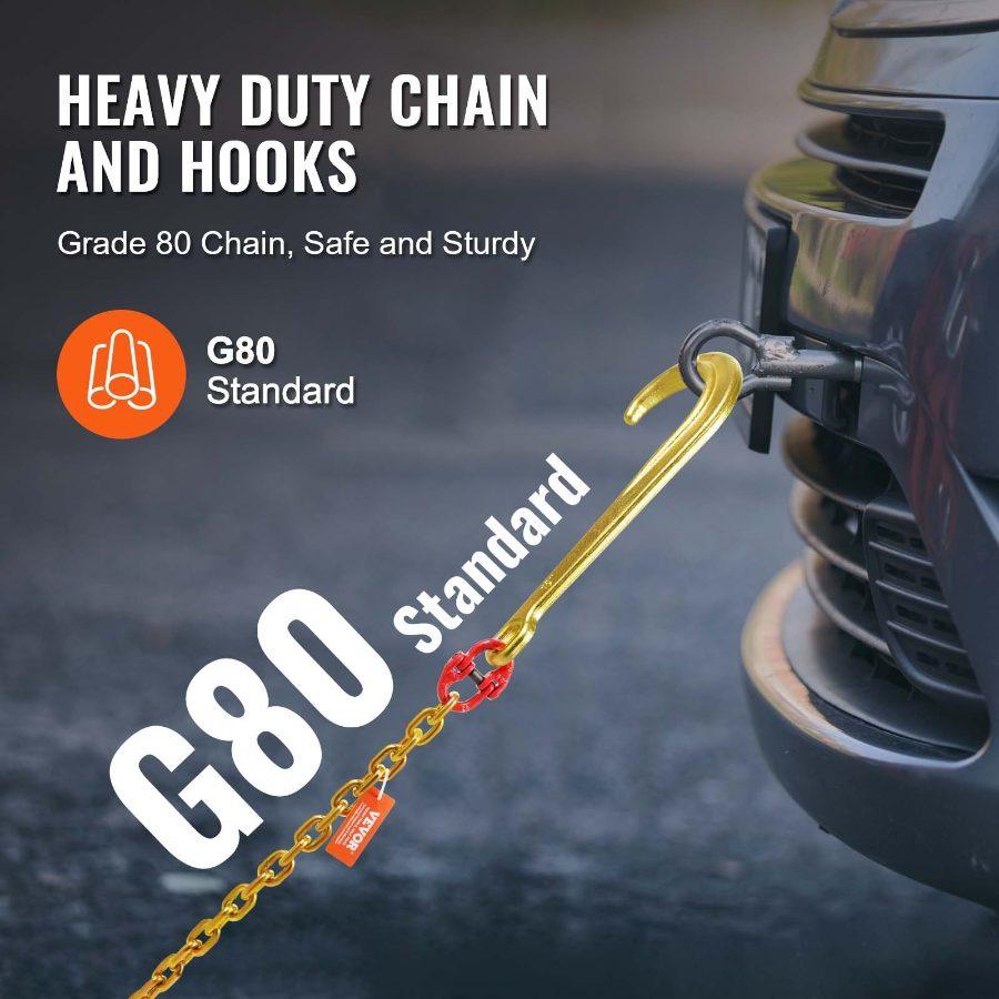 VEVOR G80 Steel J Hook Tow Chain, 5/16x6 ft Metal Chain with 15 Long Shank, RTJ Cluster & Grab Attachments, 5400 lbs Safe Working Load for Wrecker Recovery, Trailer Transport