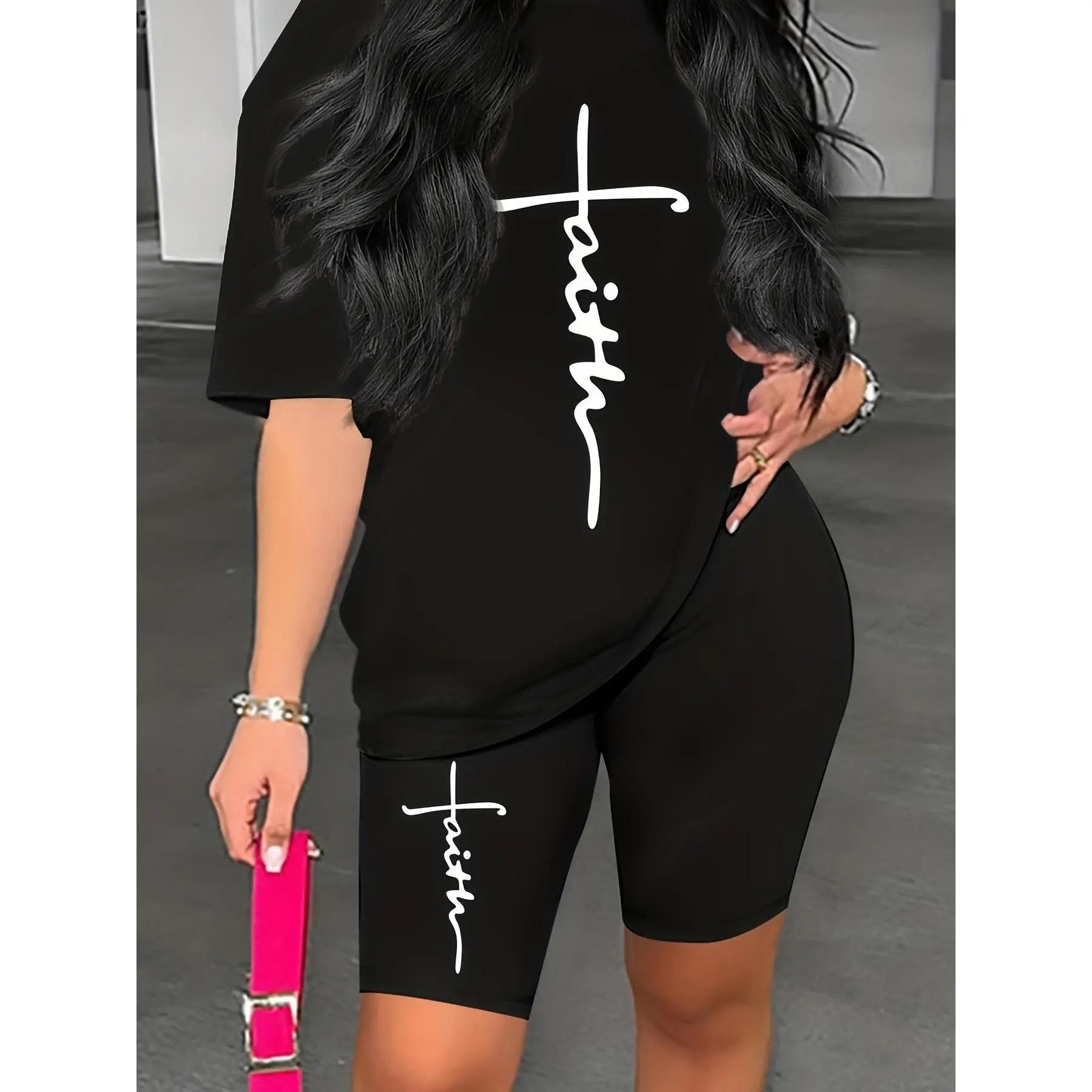Faith Letter Print Two-piece Set, Crew Neck Short Sleeve Tee  Slim Shorts Outfits, Women's Clothing