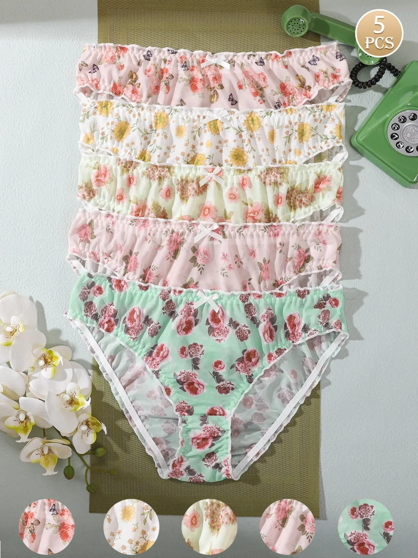 5 Pcs Vintage Floral Ruched Bow Triangle Panties, Lightweight Breathable Cotton Underwear for Women, Fresh and Comfortable Shorts