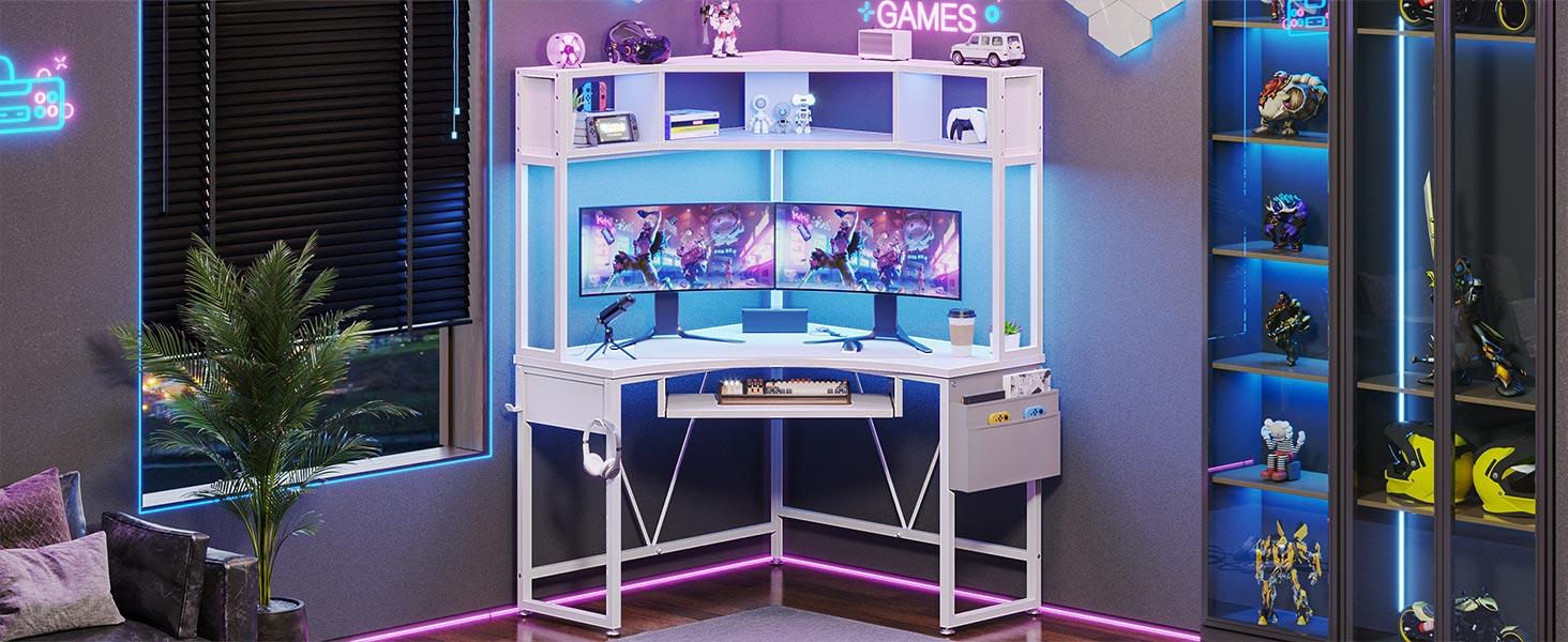 SEDETA Corner Desk with Tray and LED Lights Small Computer Desk Gamer Desktop Desktop Workstation Furniture
