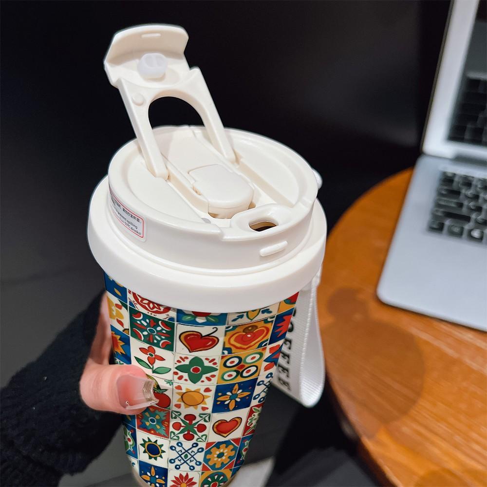 Abstract Grid Pattern Coffee Cup, Portable Dual Drink Insulated Tumbler, Keeps Hot/cold, Stylish, Ideal for Office, Travel, Sports, Golf