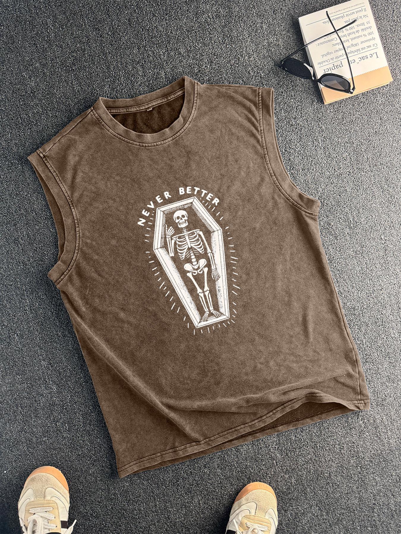 Cotton Vintage Distressed Men's Vest Round Neck Trendy Sleeveless Shirt, Summer Fashion for Men, Casual Knitwear, Age 35-44, Moderate Thickness