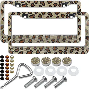 2PCS Bling License Plate Frames, Leopard License Plate Tag Cover, Sparkly Rhinestone Car Decoration Accessories, Stainless Steel License Plate Holder for Women (Leopard)