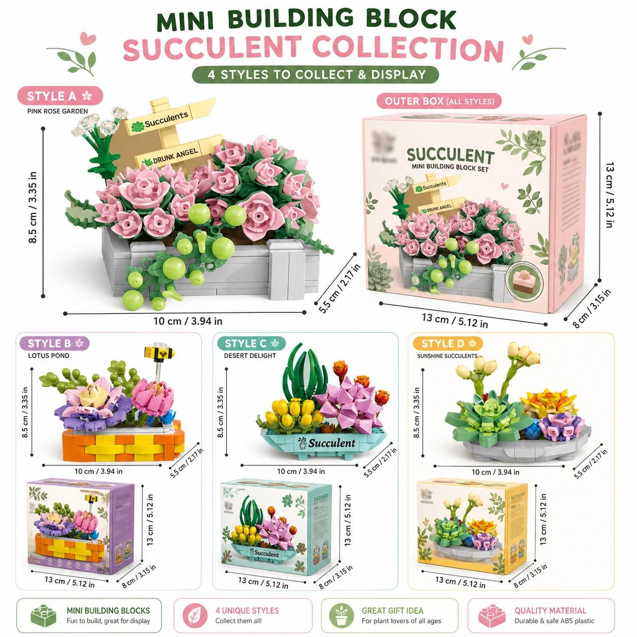 4 PC Micro Building Blocks Succulent Collection, Building Block Flowers, Floral Display Style, Four Decorative Plant Designs with Vivid Colors and Mini Pieces, Relaxing DIY Toy for Home Office Shelf Decor, Christmas Gift, Collectible Model