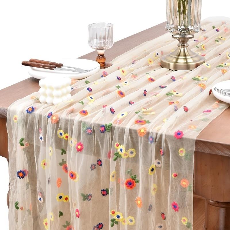 Embroidered Chiffon Table Runner, Daisy Floral Design, Ideal for Weddings, Parties, Home Decor, Outdoor Events, Perfect for Tables and Chairs