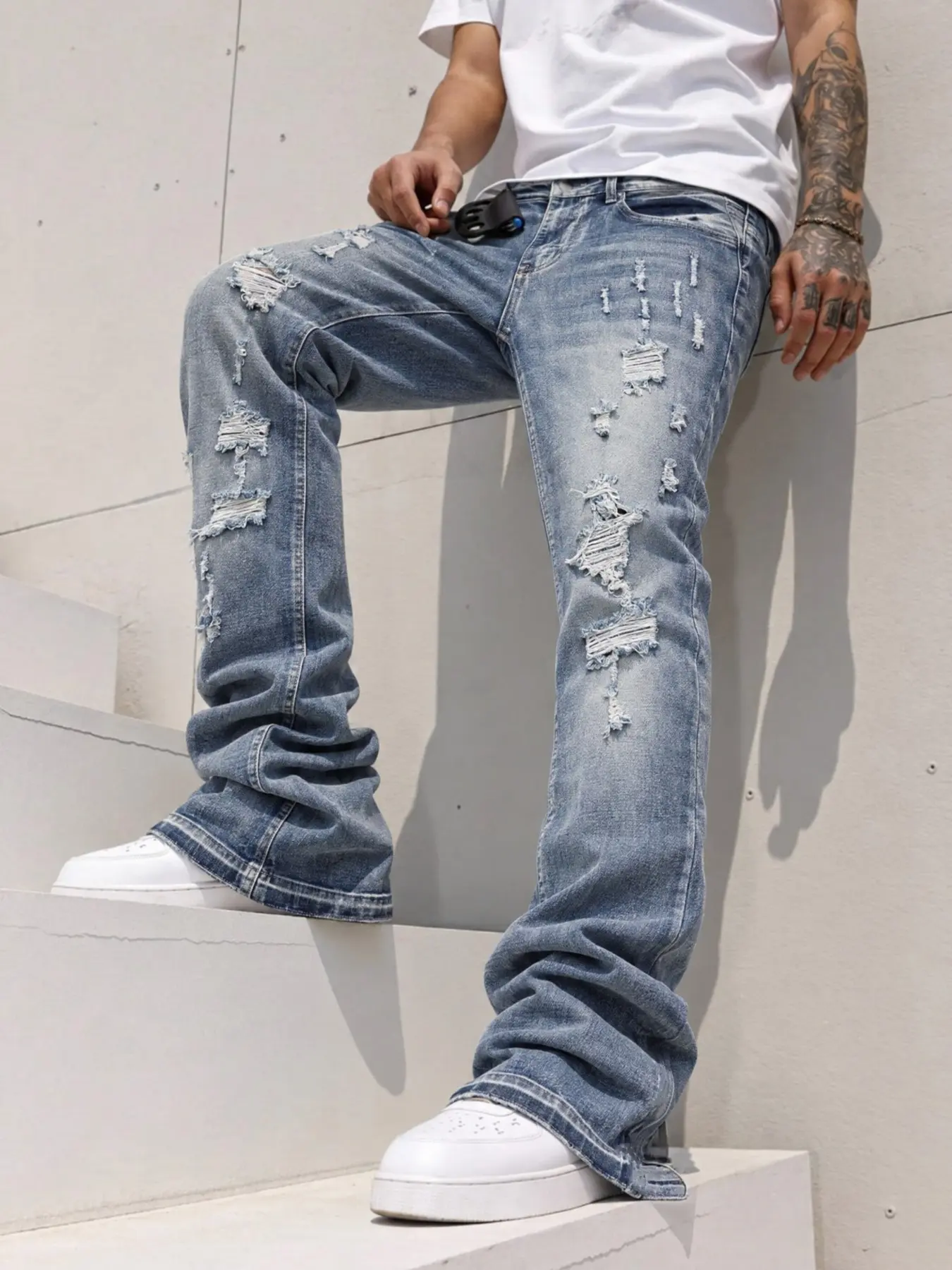 Men's Distressed Ripped Flare Jeans, Light Wash Destroyed Frayed Denim Jeans, Stretch Slim Bootcut Stacked Trousers for Streetwear