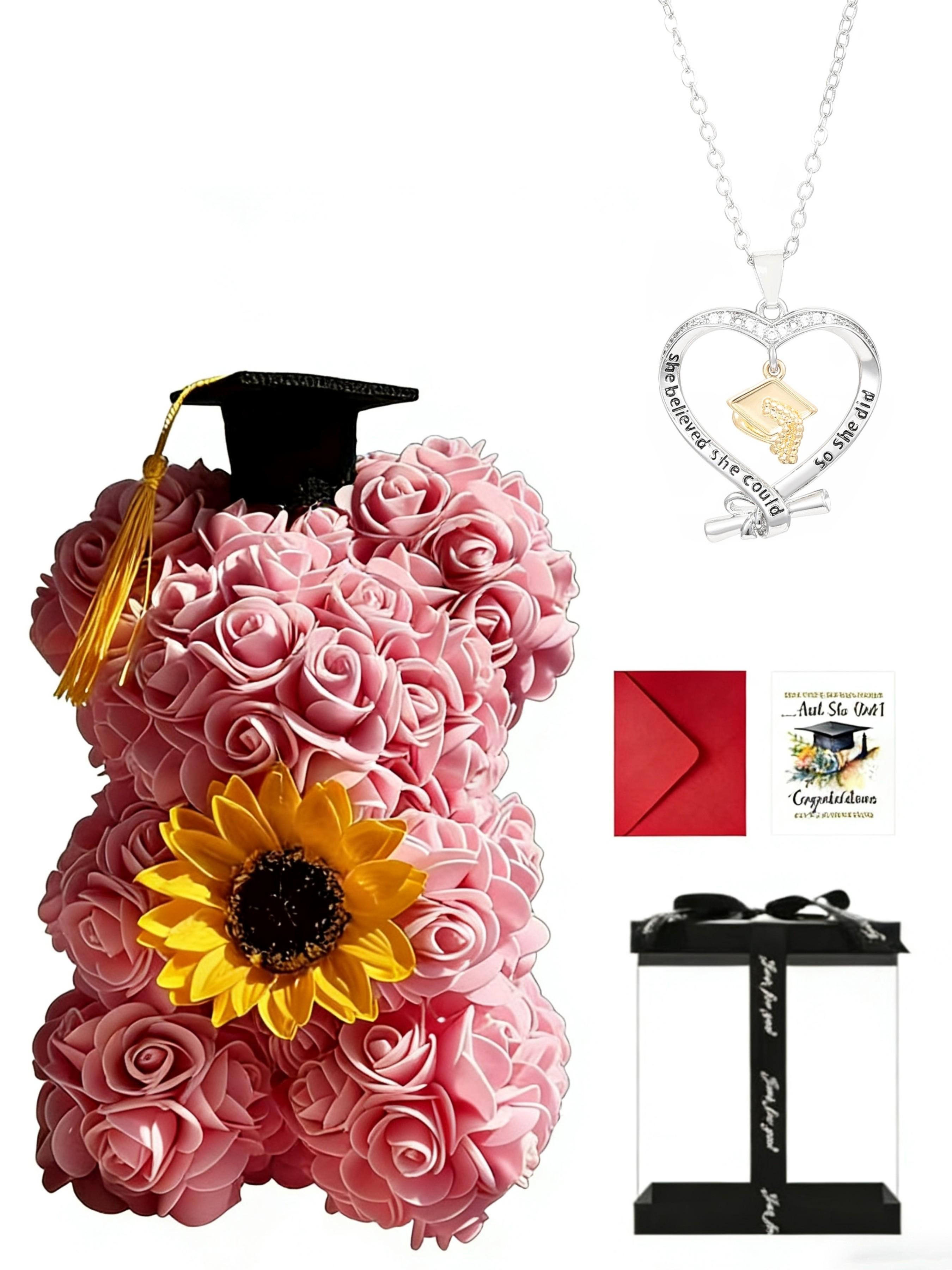 Graduation Season Creative Design Graduation Souvenir Gift, Phd Hat Necklace, Rose Flower Bear, PVC Handbag Packaging Box