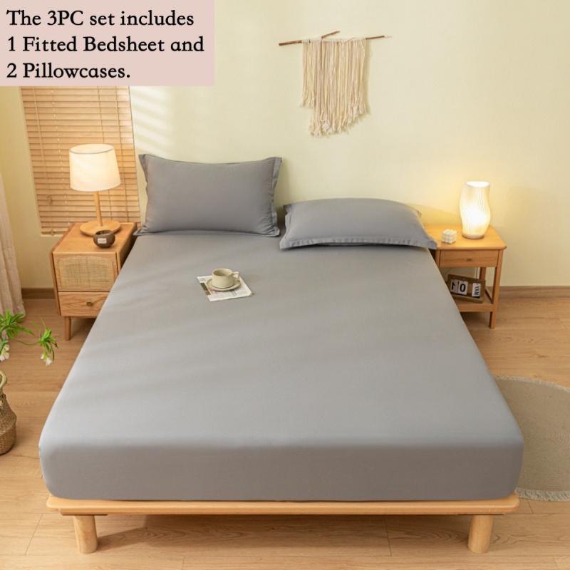 3pcs Solid Elastic Fitted Sheet, Non-Slip Mattress Protector, Full Coverage Deep Pocket Fits Thick Mattress, Soft Breathable Skin-Friendly Fabric, Wrinkle-Free Hotel Bedding