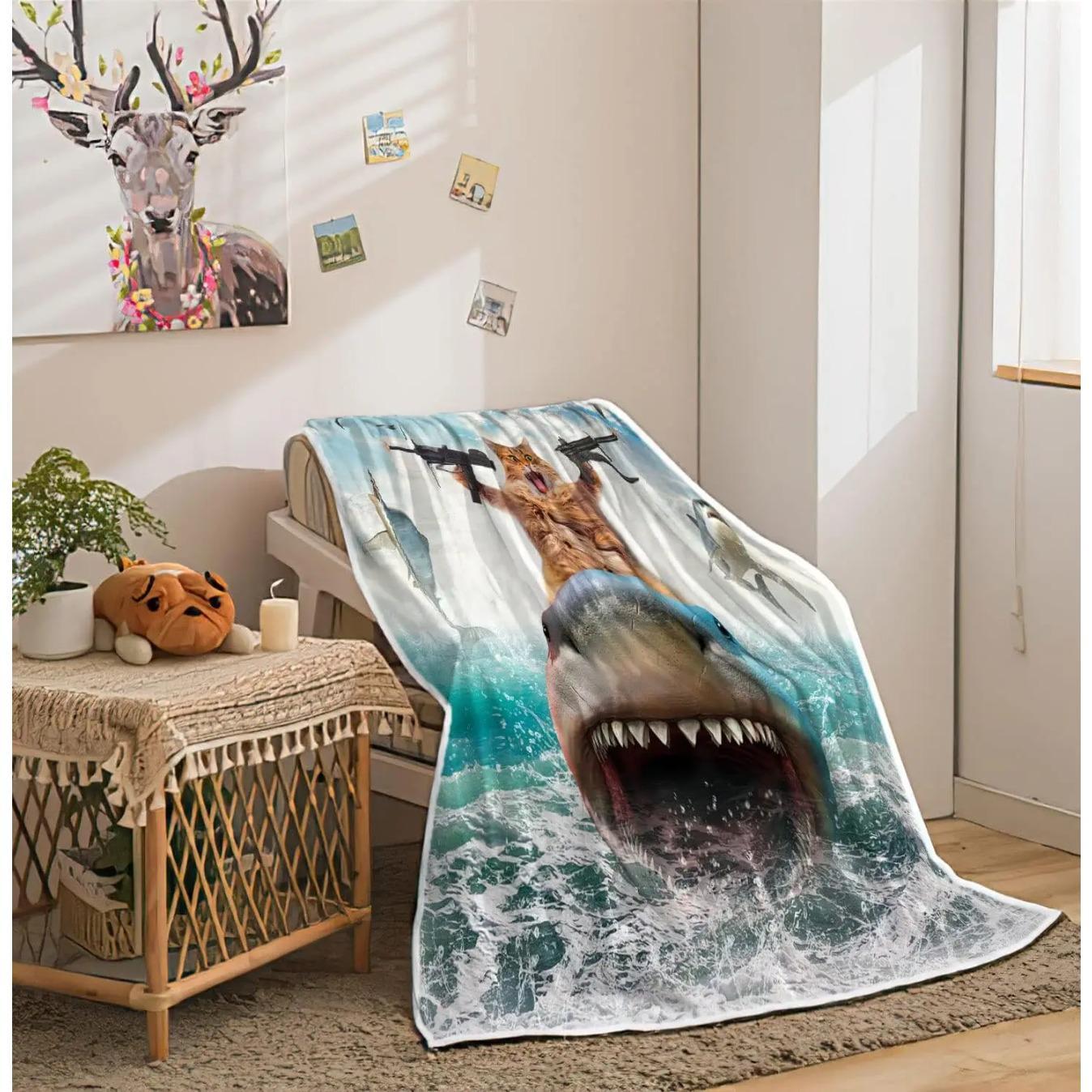 FFunny Cat Throw Blanket for Kids Farmhouse Cool Cat Riding Shark on Blue Ocean Fleece Throw Blanket Soft Cozy Lightweight Couch Sofa Bed Blanket, Cute Animal Blanket, TikTok Made Me Buy It, Christmas Birthday Gift, Home Decor Gift for Kids