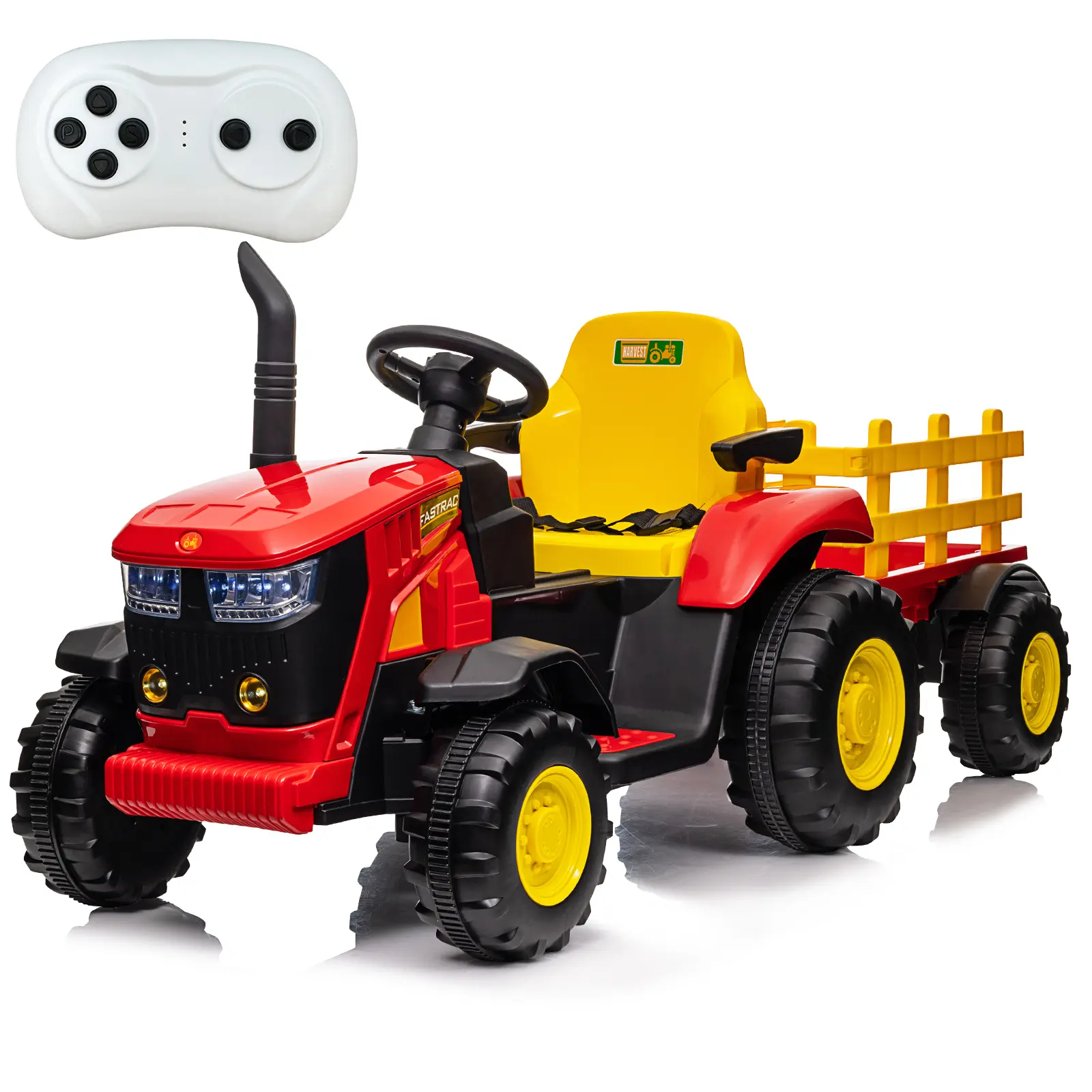 12V Battery Powered Kids Ride On Tractor with Remote Control - 35W Dual Motors, Detachable Trailer, Bluetooth Music, 3-Gear Shift, Safety Belt & 7 LED Lights for Boys & Girls, Red/Blue/Green/Yellow