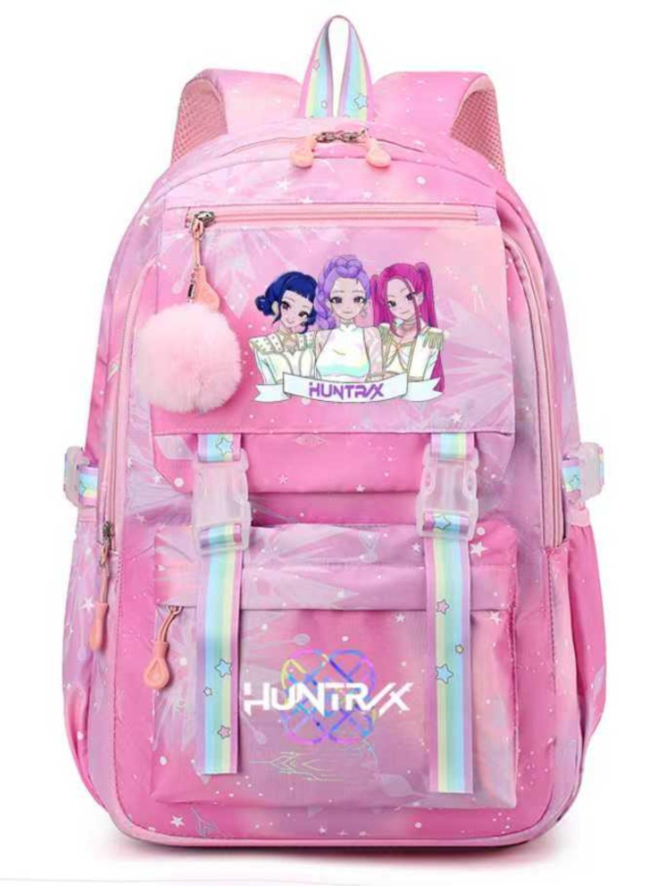 Cute Kpop Hunter Girl Group Cartoon Backpack, Adorable Jk Plaid Sweet Student Bag, Anime Style with Fur Ball, All Seasons