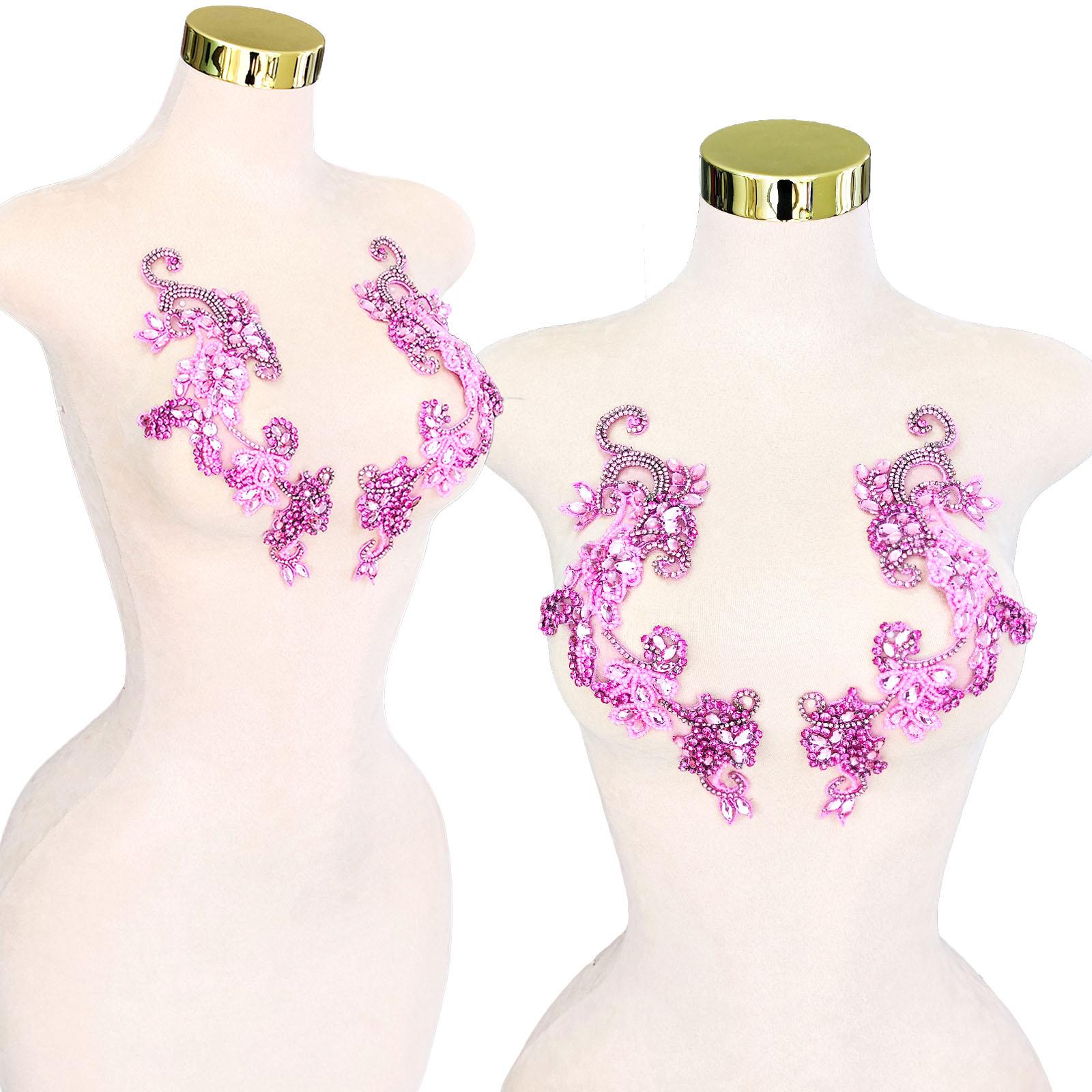 Handmade Pink Crystal Beaded Applique Floral Rhinestone Patch Pair for Dress Decoration Bridal Gowns DIY Embellishment