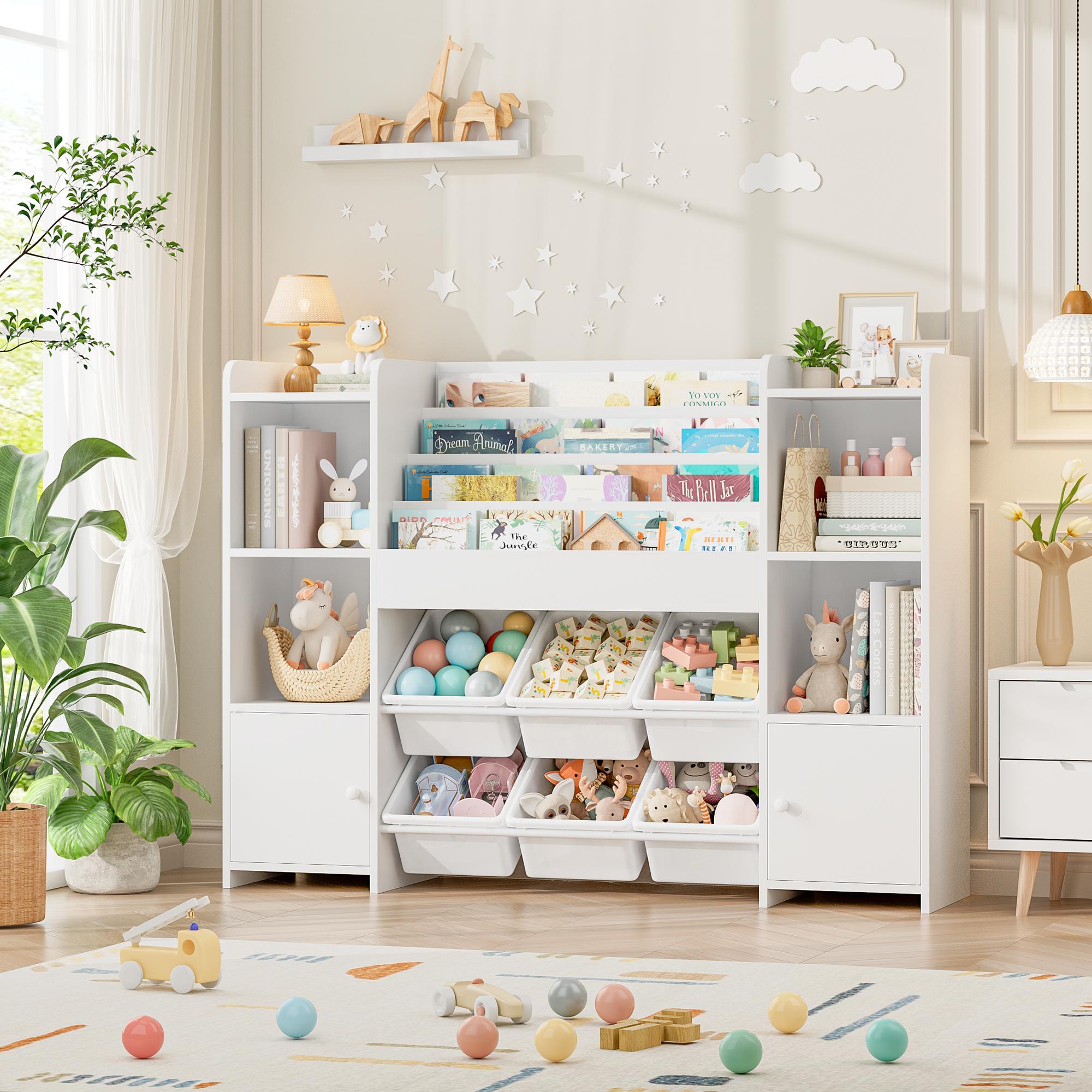 FOTOSOK Toy Storage Organizer with 6 Toy Bins, Toy Organizer Kids Bookshelf with 6 Cubbies, Multifunctional Floor Storage Chest for Playroom FOTOSOK Toy Storage Organizer with 6 Toy Bins, Toy Organizer Kids Bookshelf with 6 Cubbies, Multifunctional Floor Storage Chest for Playroom