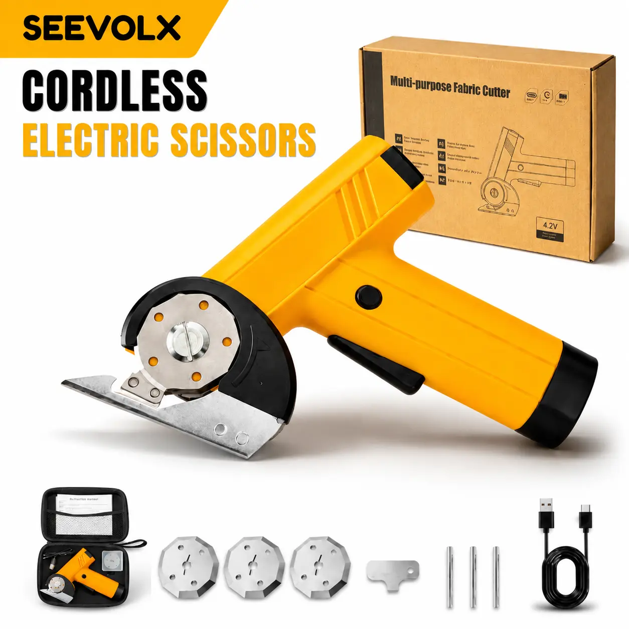 Portable Cordless Rechargeable Electric Scissors with Rotary Blade, 4-Speed Adjuster, 3 Blades, LED Display, Safety Lock for Crafting, Home/Workshop Fabric, Cardboard Cutting Tools