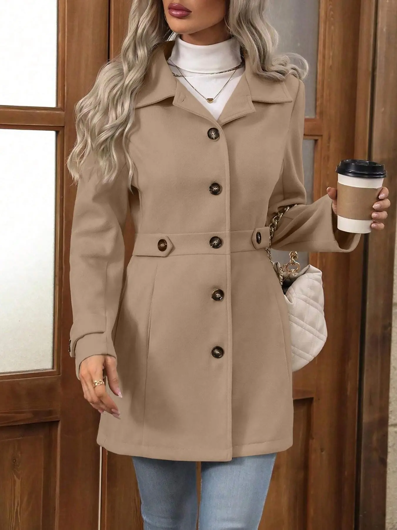 Women's Lapel Medium-Length Coat, Single Button Waist Belted Fitted Autumn Winter Outerwear, Multiple Colors Available, Elegant Fashion Jacket