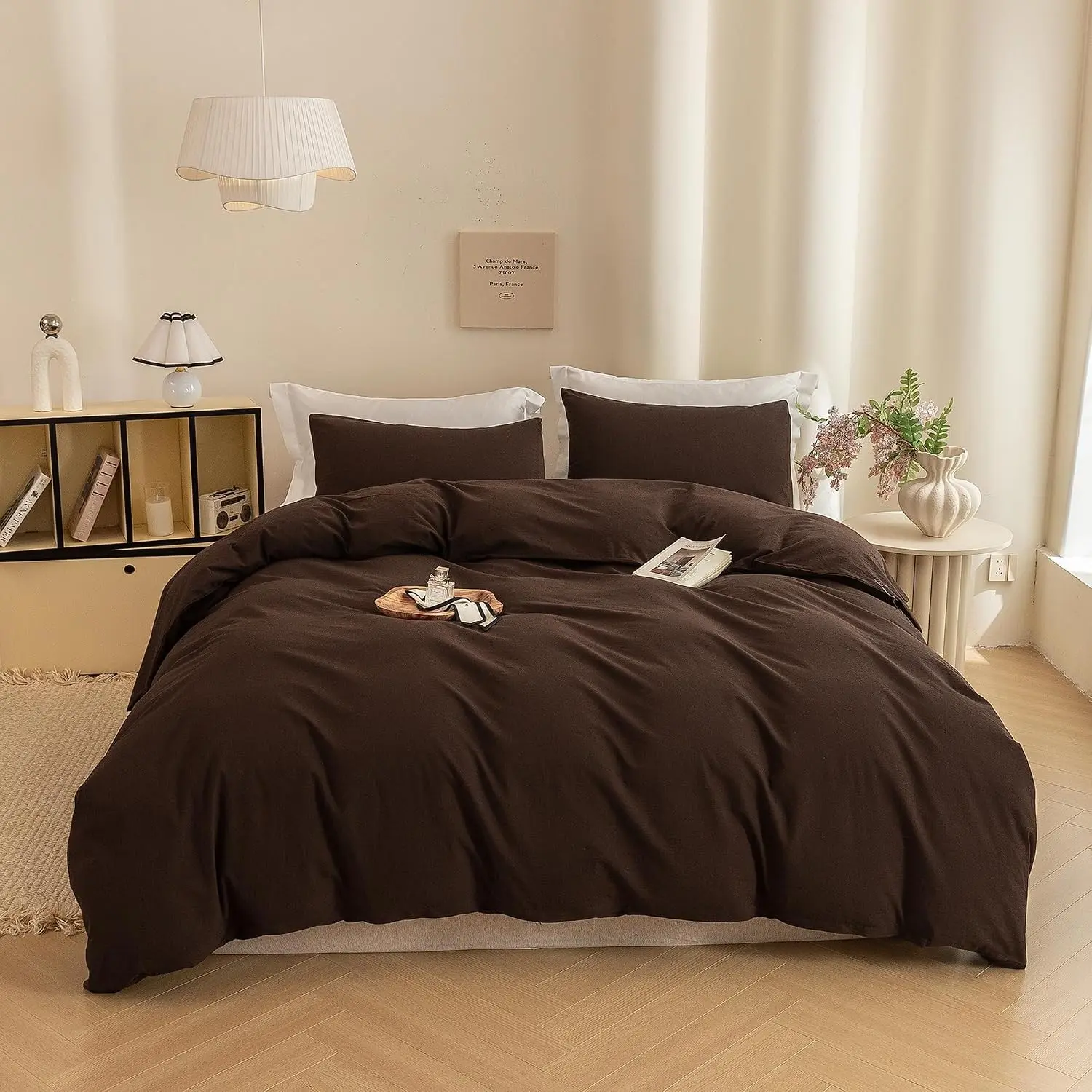 Duvet Cover King Size -100% Washed Cotton Linen Like Textured Breathable Durable Soft Comfy Bedding Set with Zipper Closure & Corner Ties (Cocoa Brown, 104"x90")