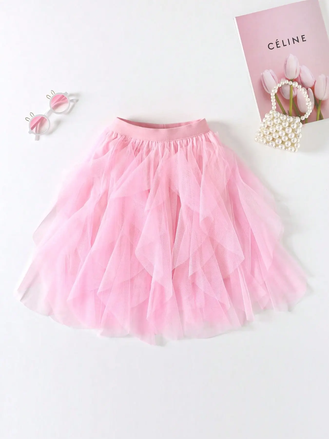 1Pc Irregular Ruffle Mesh Short Dance Skirt, Elastic Waist Asymmetric Layered Mesh Skirt, Women's Ballet Performance Party Dress, Dance Garment