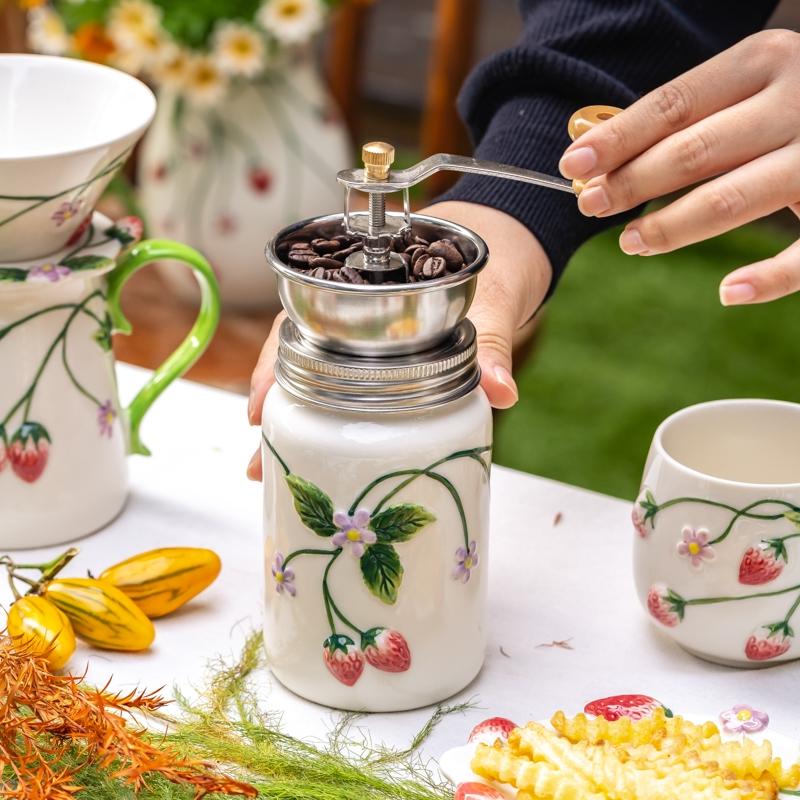 Strawberry Ceramic Hand-Crank Coffee Grinder Set, Home Manual Pour-Over Coffee Maker, Milk Jug, Cup & Saucer Series