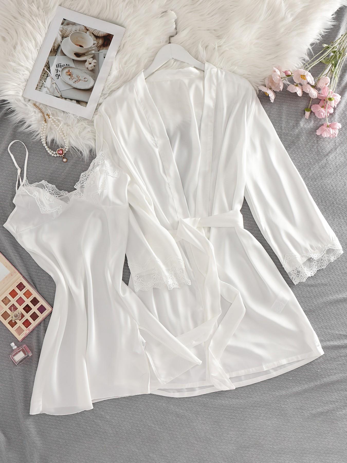 Women's Lace Patchwork Sleepwear Set, Soft Smooth Fabric, Long Sleeve Robe with Tie, Elegant Bedroom Wear, Perfect Gift for Valentine's Day