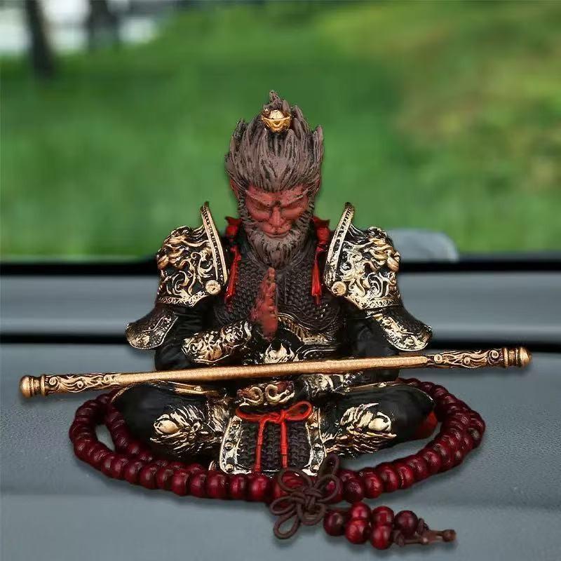 Hand-Painted Monkey King Statue Figurine with Golden Staff, Unique Car Dashboard Decor, High-Quality Mythical Chinese Art Collectible