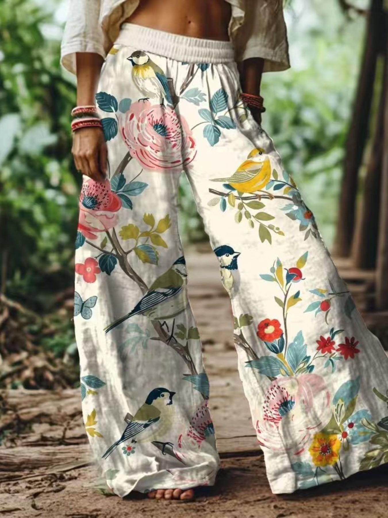 Women's Casual Bohemian Style Boho Floral Print Wide-Leg Loose Baggy Pants, Comfortable & Breathable Elastic Fabric, Ideal for Vacation, Home and Daily Wear, Suitable for Spring, Summer and Fall