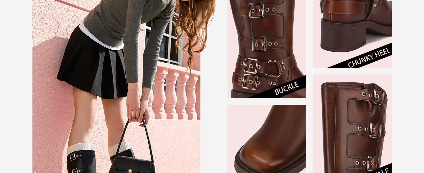 Athlefit Women's Knee High Riding Boots Fashion Buckle Square Toe Chunky Heel Wide Calf Biker Boots Gril Comfort Footware Fashion Shoes buckle  boots knee  high Leather Footwear Comfortable Girl Walking Shoes Bota Brown SpringStatements