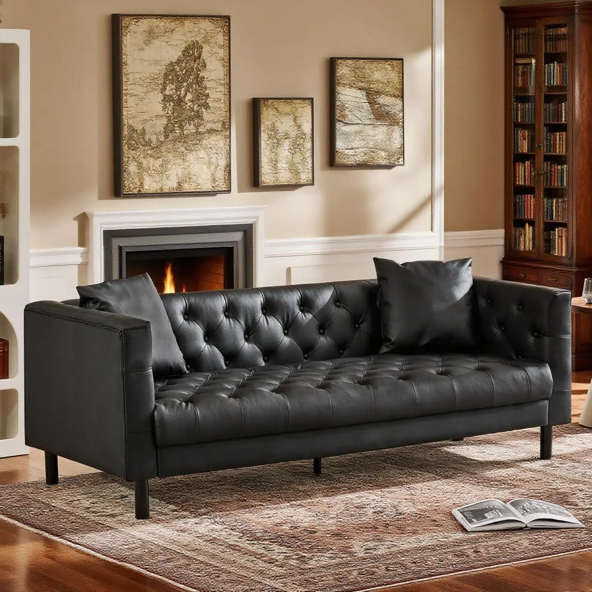 GARVEE 78" Leather Couch for Living Room, Button-Tufted 3 Seater Sofa with 2 Pillows and Deep Seat, Modern Mid-Century Leather Sofa for Apartment, Office