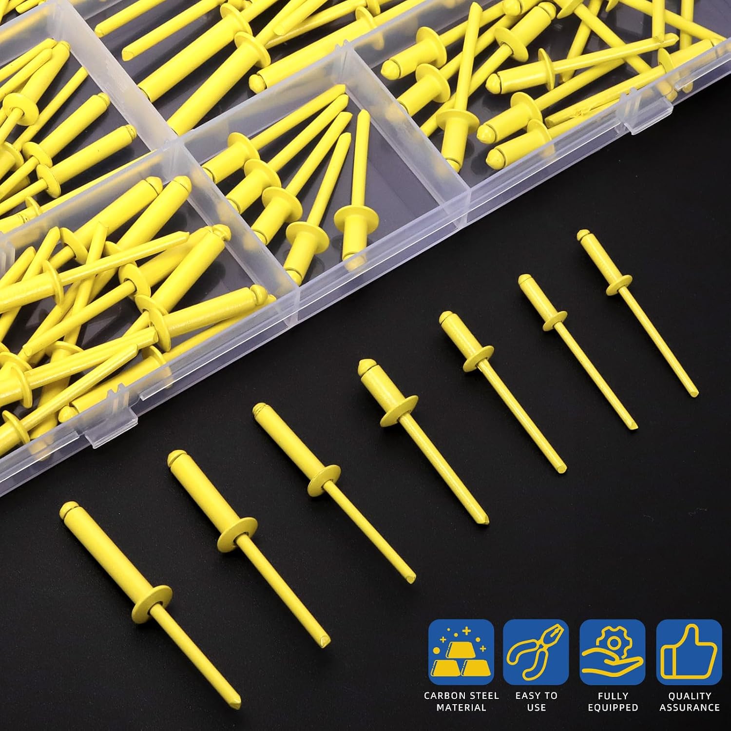 130-Count 7-Size Yellow Alloy Blind Rivets with Steel Mandrel & Mandrel Handle, Large Flange Pop Rivet Kit for Metal, Furniture