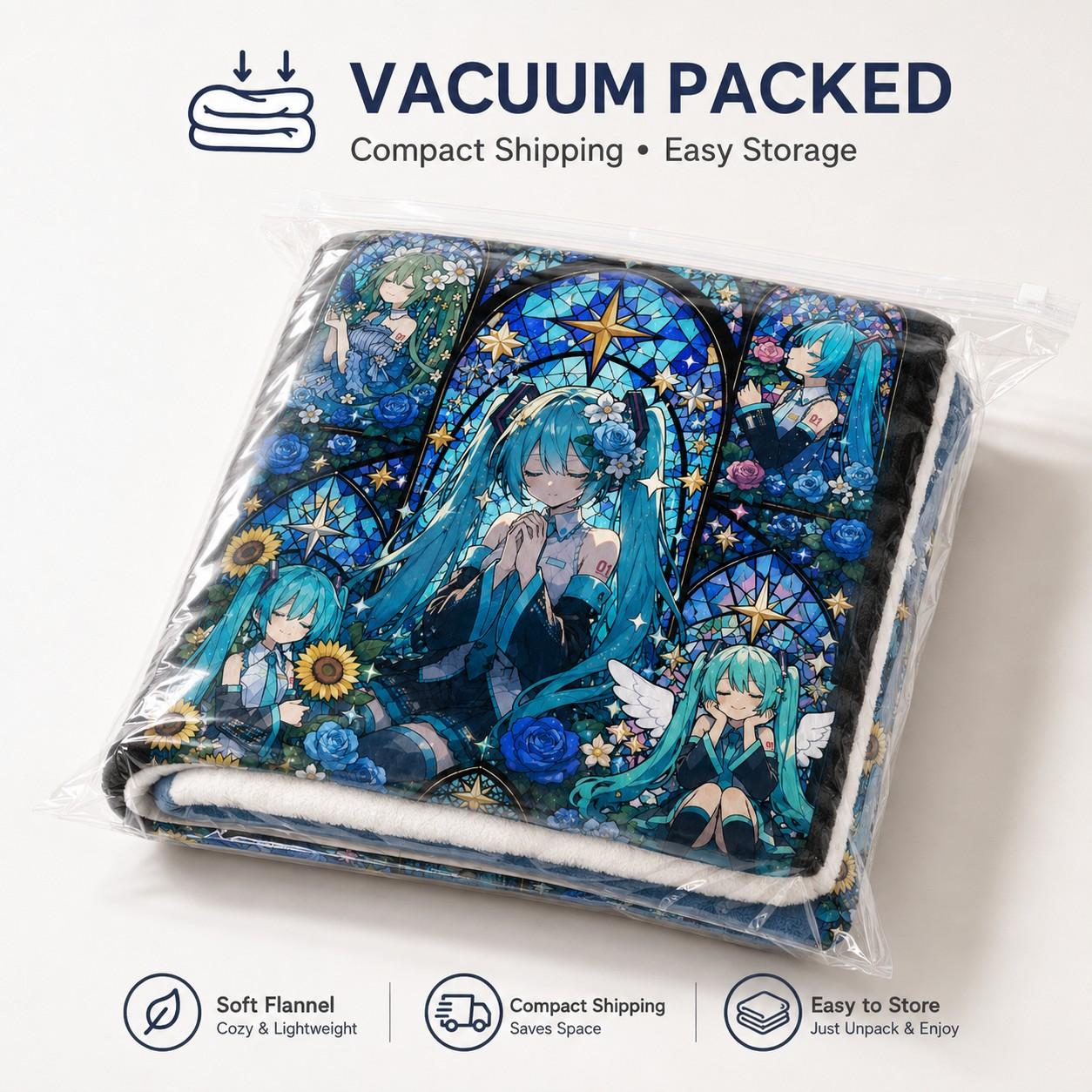Hatsune Miku Vocaloid Flannel Blanket, Blue Rose Stained Glass Anime Throw for Bed Sofa, Soft Cozy Room Decor Gift for Fans