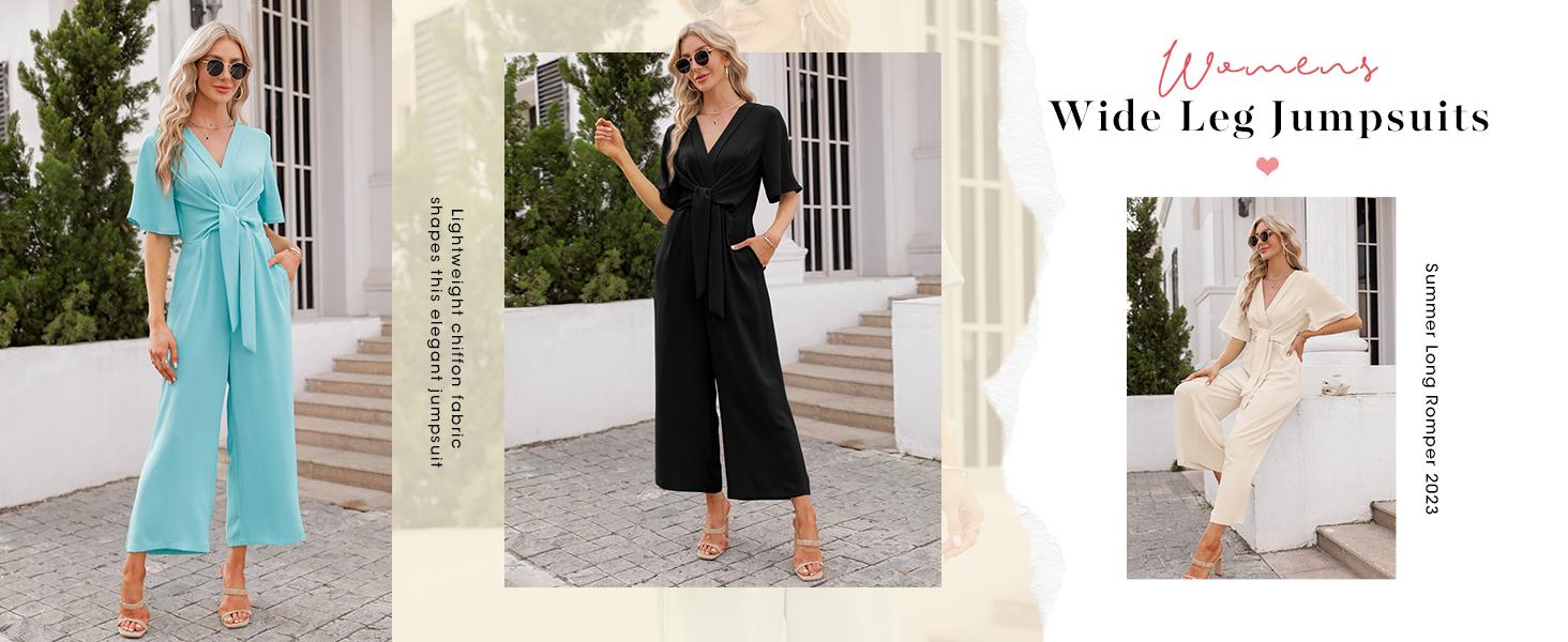 Imily Bela Women's Wide Leg Jumpsuits Short Sleeve V Neck Tie Knot High Waist Summer Long Romper Shortsleeve Basic Minimalist Overalls
