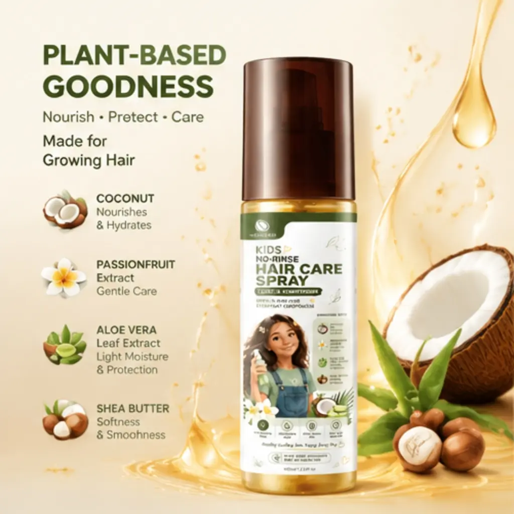 Leave-in No-rinse Hair Care Spray, enriched with coconut oil, frangipani extract, aloe vera, shea butter, helps detangle, adds natural shine, leaves soft smooth feel, for kids, plant-based, gentle