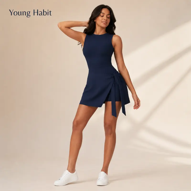 Young HabitWomen's Sporty Wrap Dress, Slim-Fitting Sleeveless Design, Quick-Dry Soft Fabric, Above-The-Knee Length, yoga & Golf dress, Activewear Dress, Workout Dress