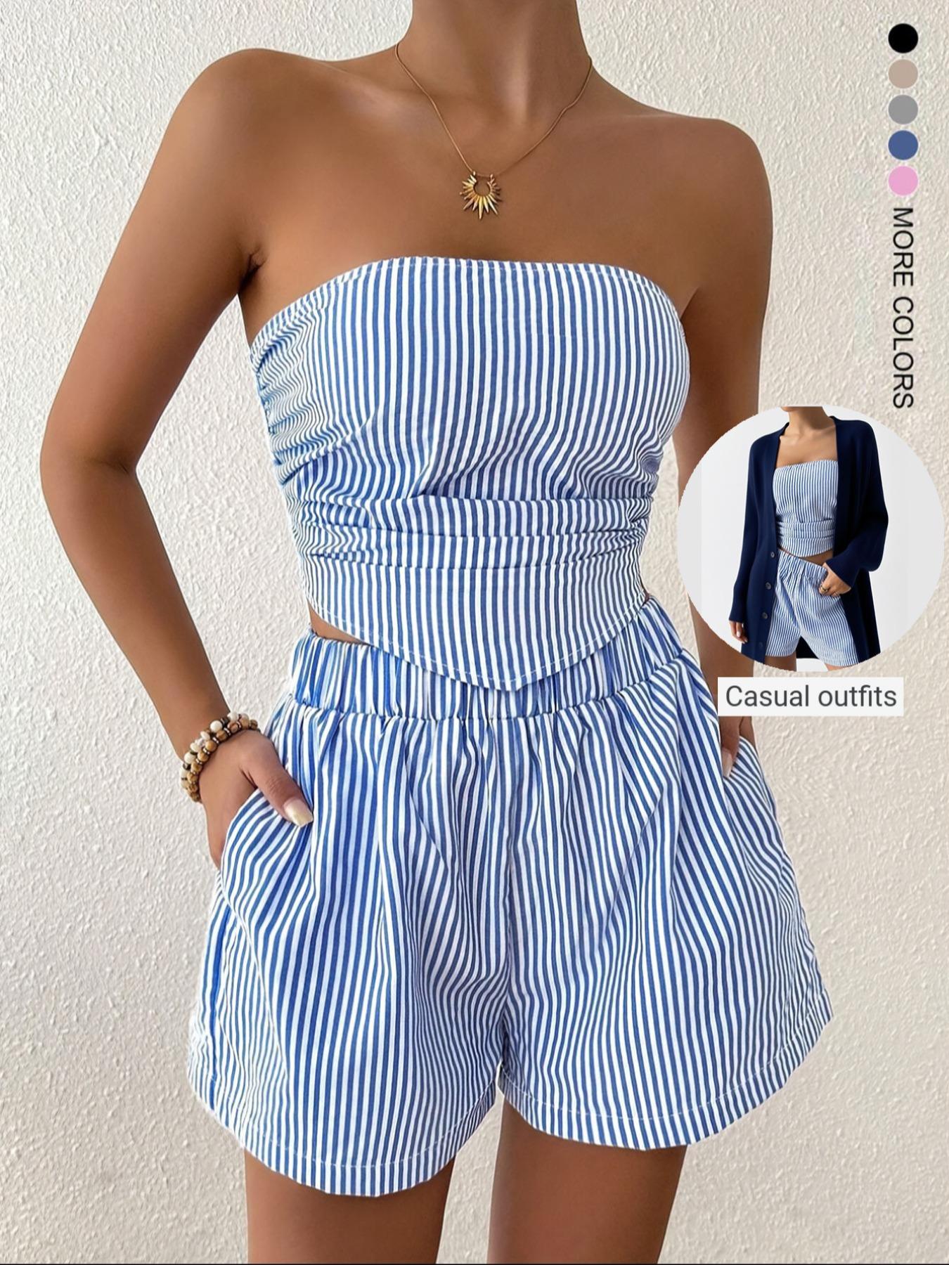 Women's Casual Striped Crop Top and Shorts Set, Fitted Ruched Design, Two-Piece, Perfect for Daily Wear